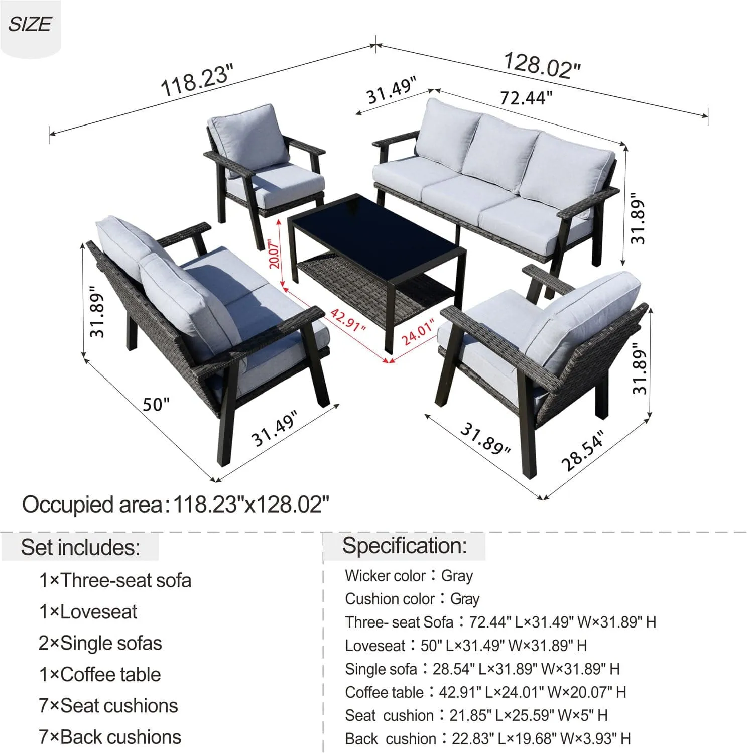 Ovios Patio Conversation Set 7 Person Seating with Table, 5''Cushion, Olefin Fabric