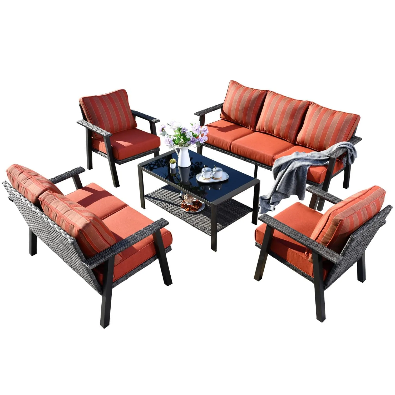 Ovios Patio Conversation Set 7 Person Seating with Table, 5''Cushion, Olefin Fabric