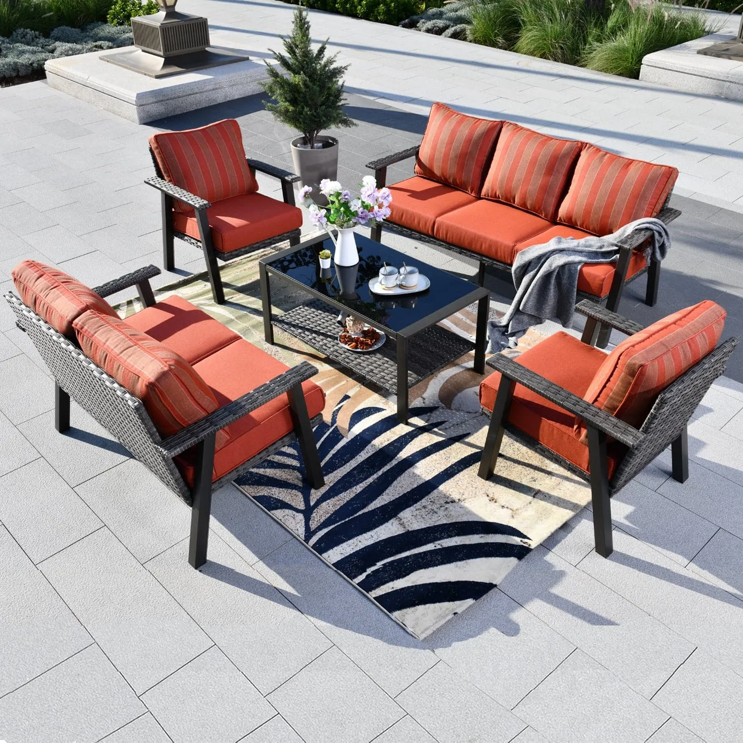 Ovios Patio Conversation Set 7 Person Seating with Table, 5''Cushion, Olefin Fabric