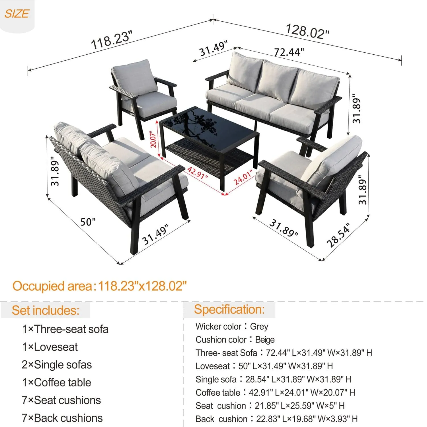 Ovios Patio Conversation Set 7 Person Seating with Table, 5''Cushion, Olefin Fabric