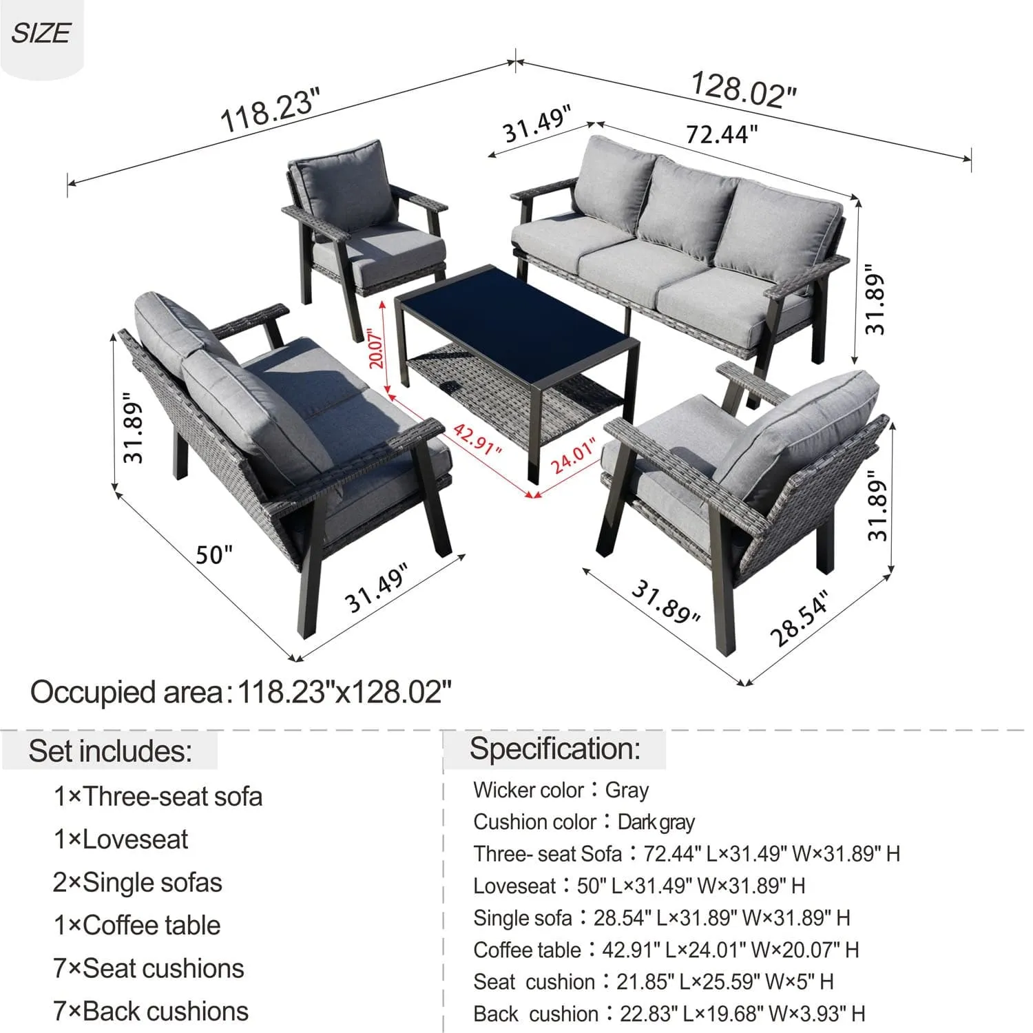 Ovios Patio Conversation Set 7 Person Seating with Table, 5''Cushion, Olefin Fabric