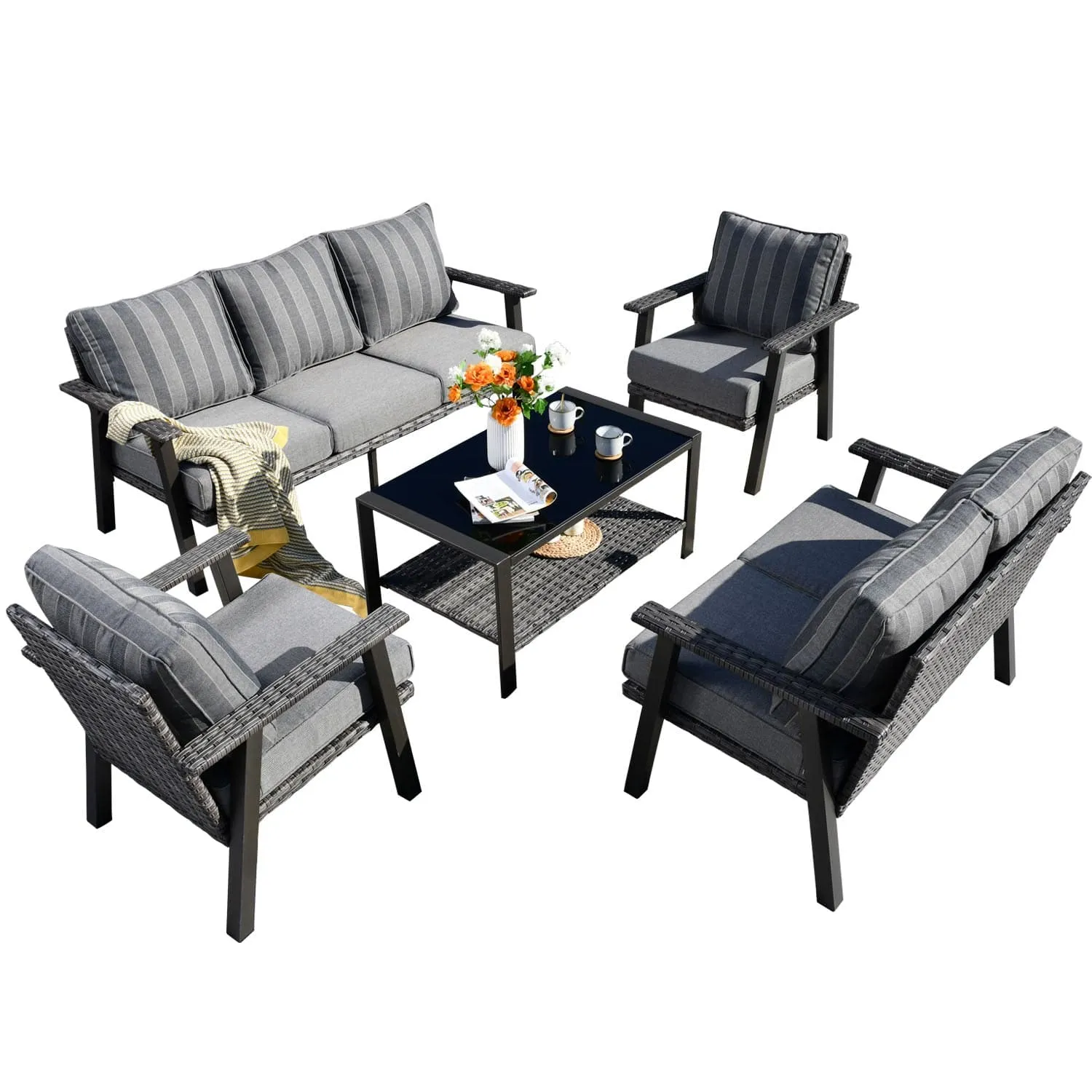 Ovios Patio Conversation Set 7 Person Seating with Table, 5''Cushion, Olefin Fabric