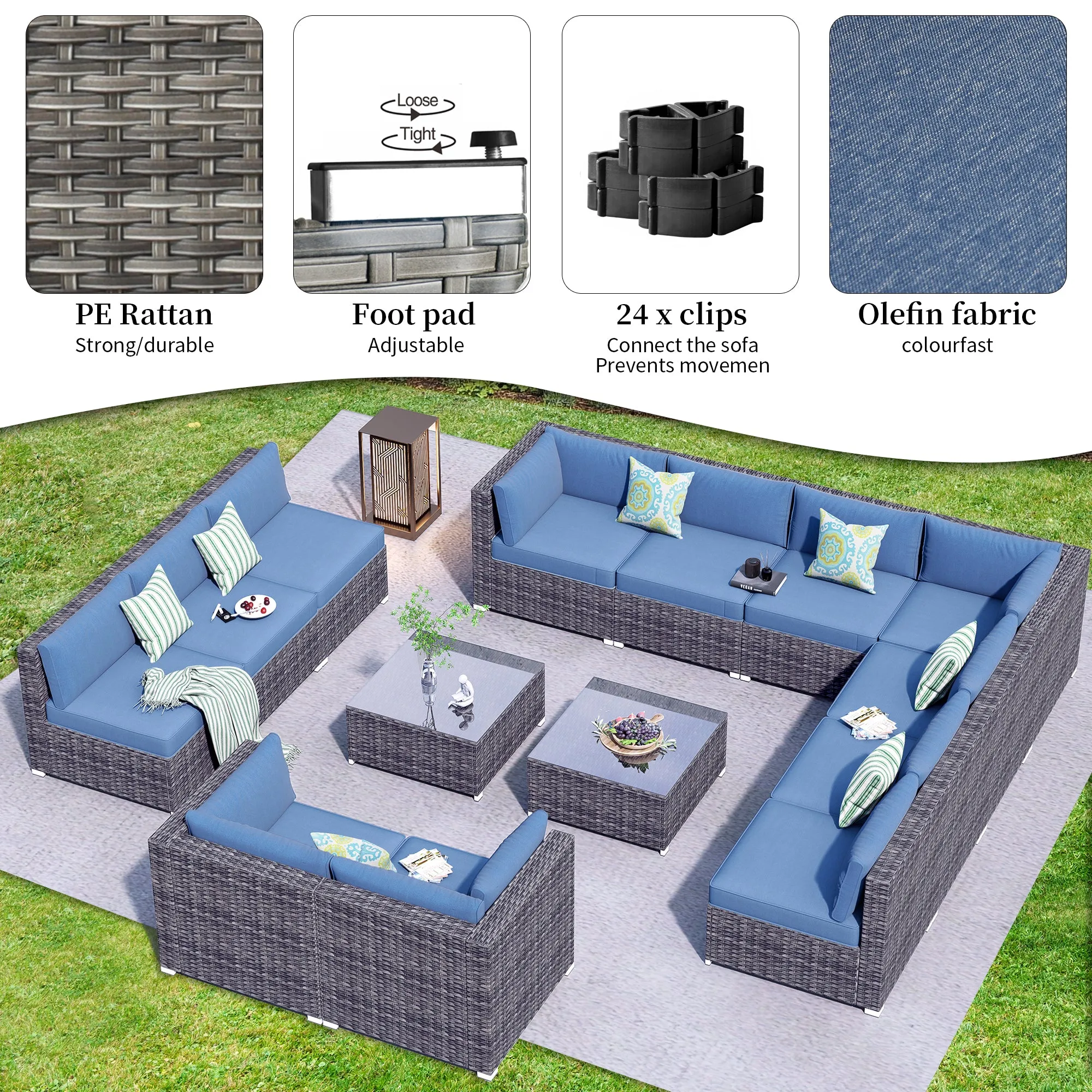 Ovios Patio Furniture Set 14-Piece with All Weather Rattan Wicker Sofa and Tempered Glass Table