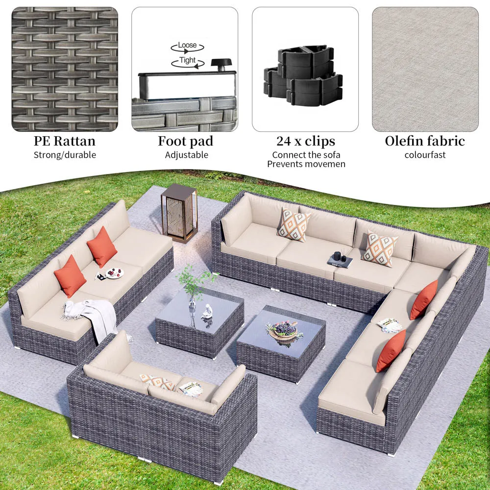 Ovios Patio Furniture Set 14-Piece with All Weather Rattan Wicker Sofa and Tempered Glass Table