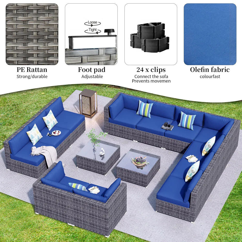 Ovios Patio Furniture Set 14-Piece with All Weather Rattan Wicker Sofa and Tempered Glass Table