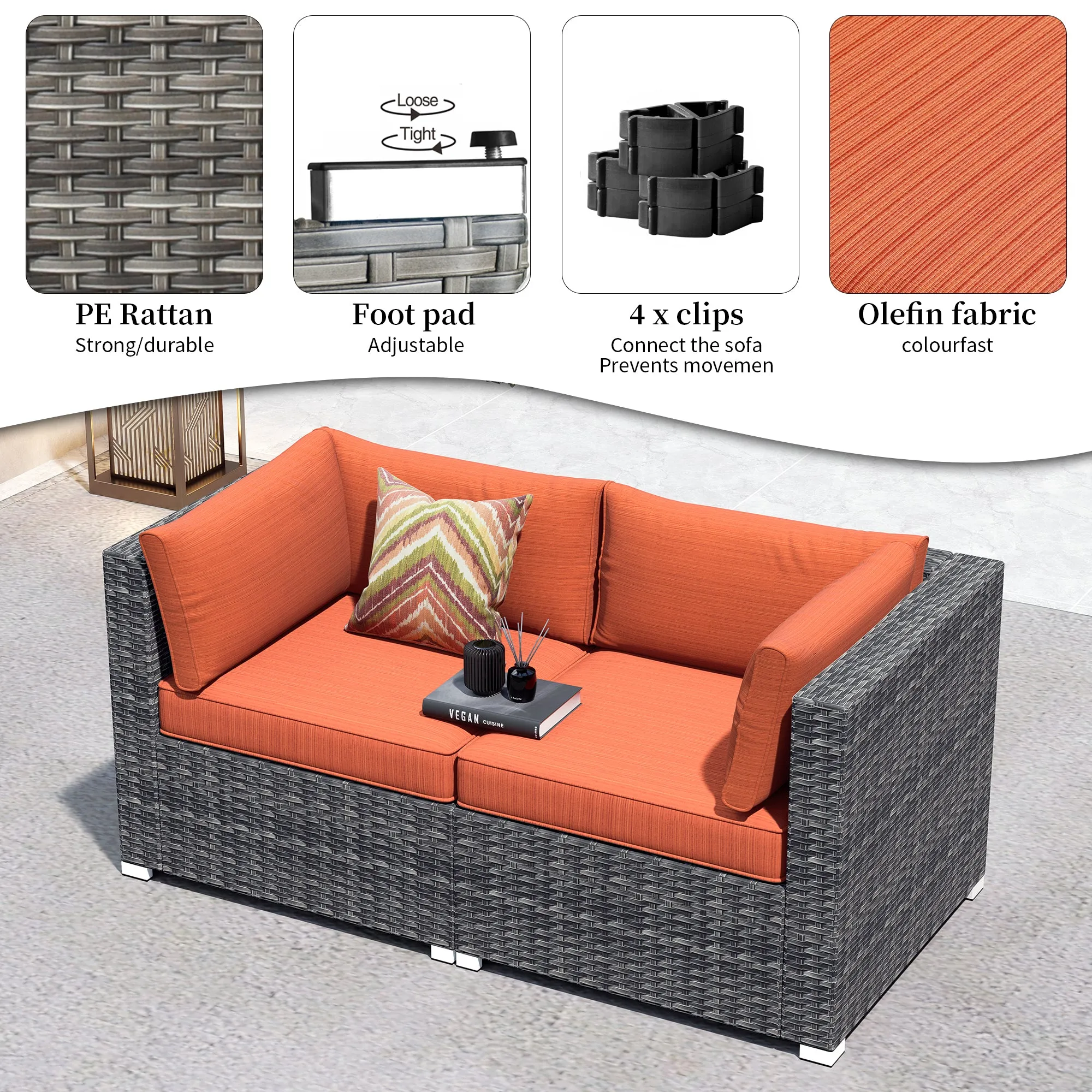 Ovios Patio Furniture Set 2-Piece Corner Sofa with Cushions and 4.13'' Wide Armrest