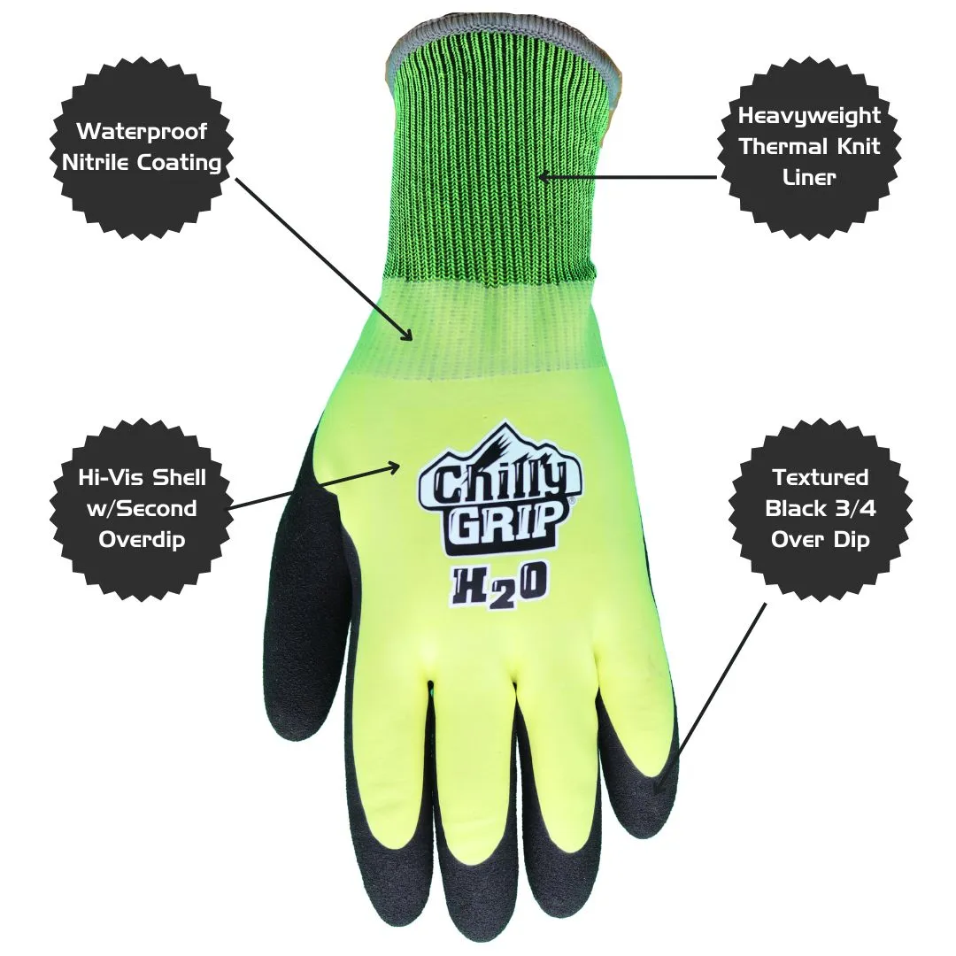 Red Steer Chilly Grip A324 H2O Waterproof Thermal-lined Black/Hi-Vis Large Full Fingered Work & General Purpose Gloves - Nitrile Over Dip Coating, Sizes M-XXL