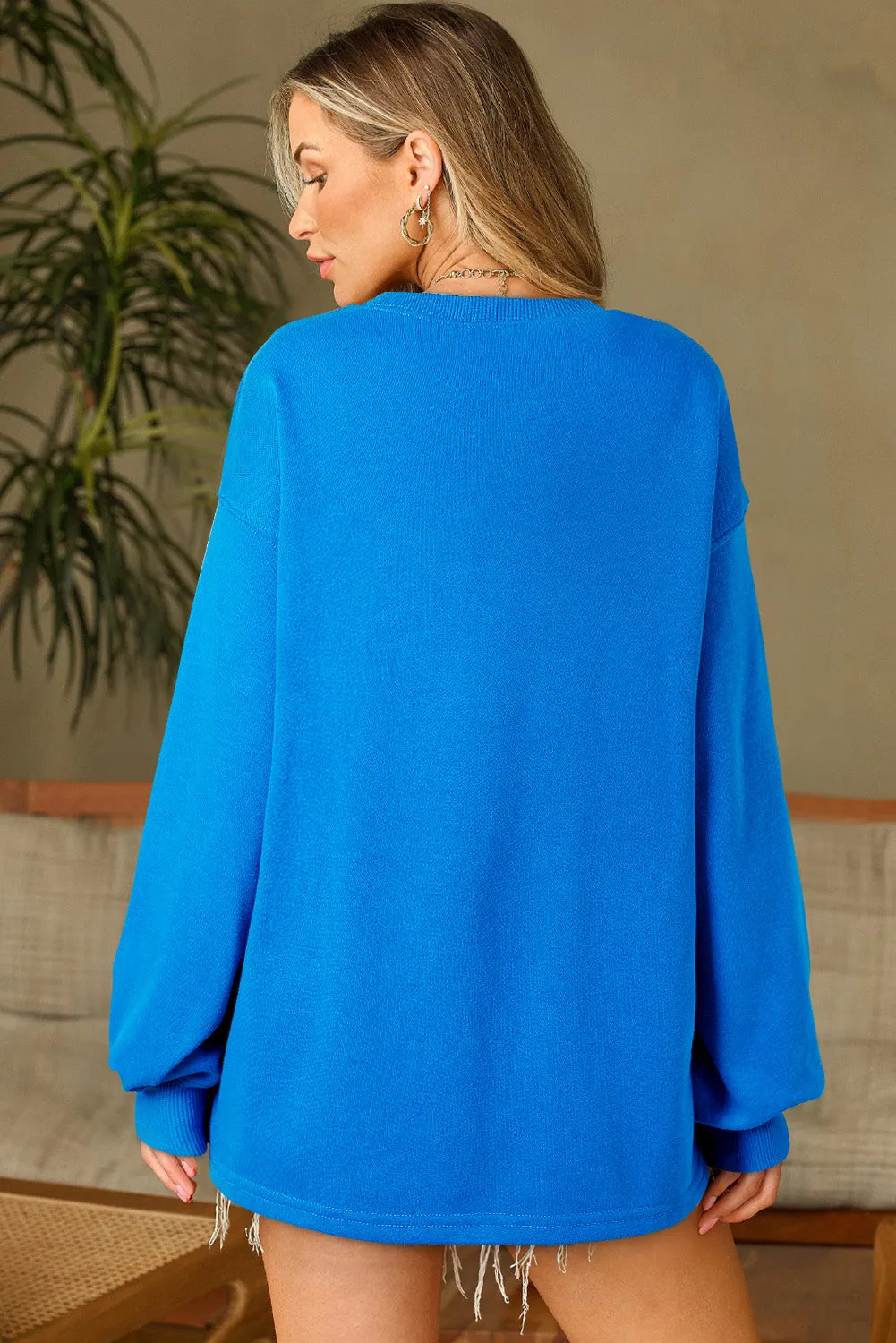 Sky Blue Solid Color Drop Shoulder Long Sleeve Basic Sweatshirt