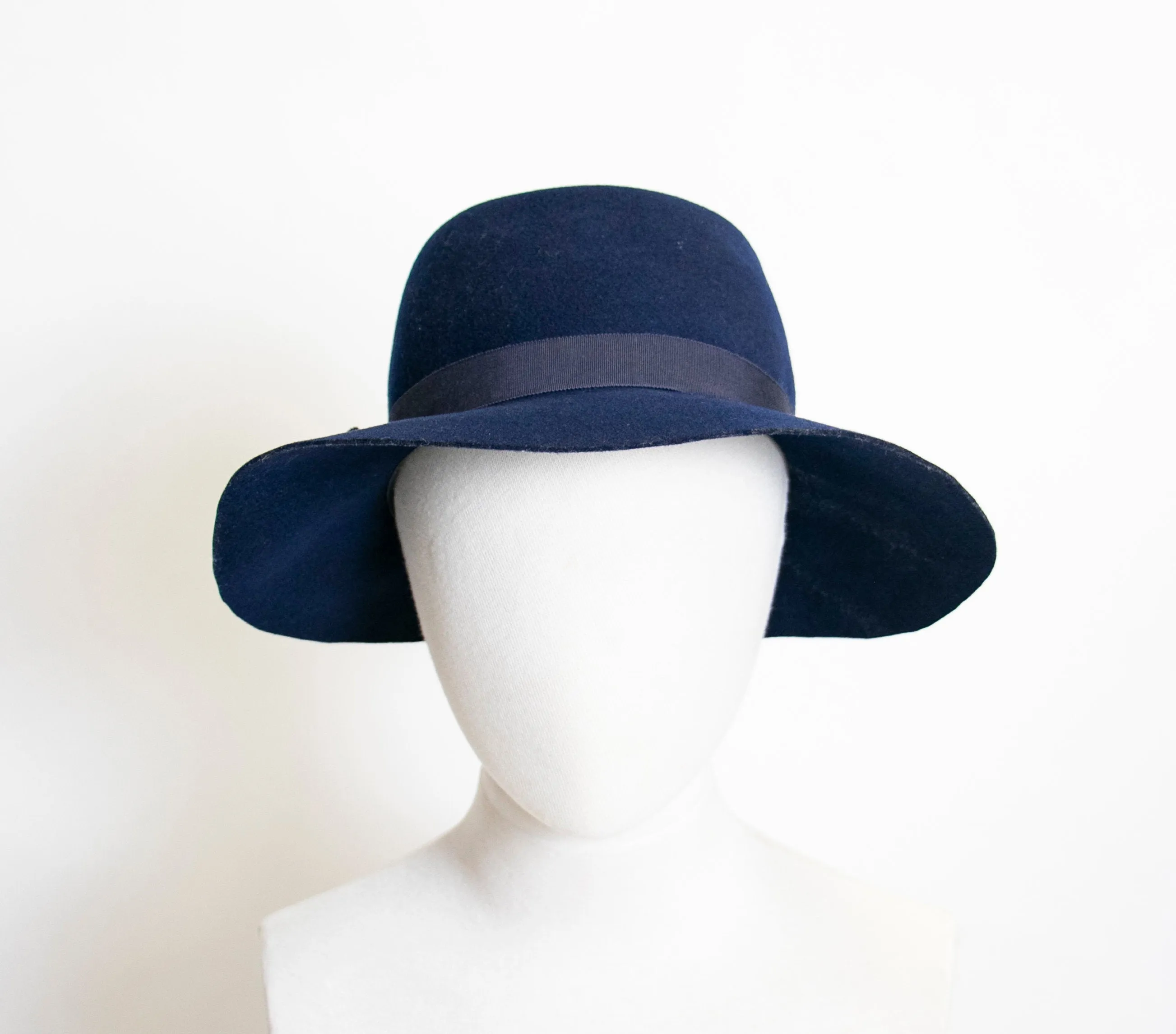 Vintage 1970s Hat Blue Wool Felted Wide Brim 1960s