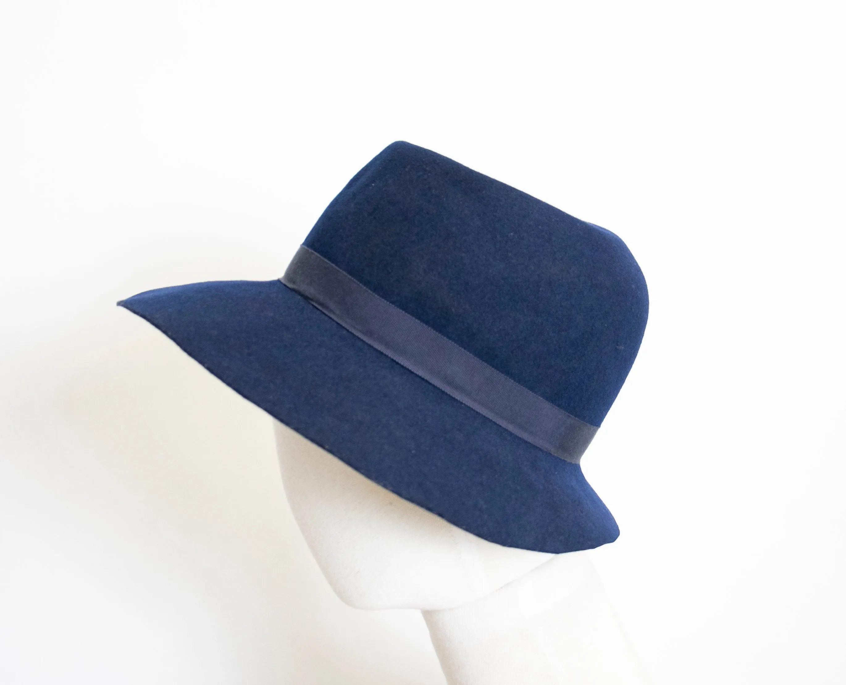 Vintage 1970s Hat Blue Wool Felted Wide Brim 1960s