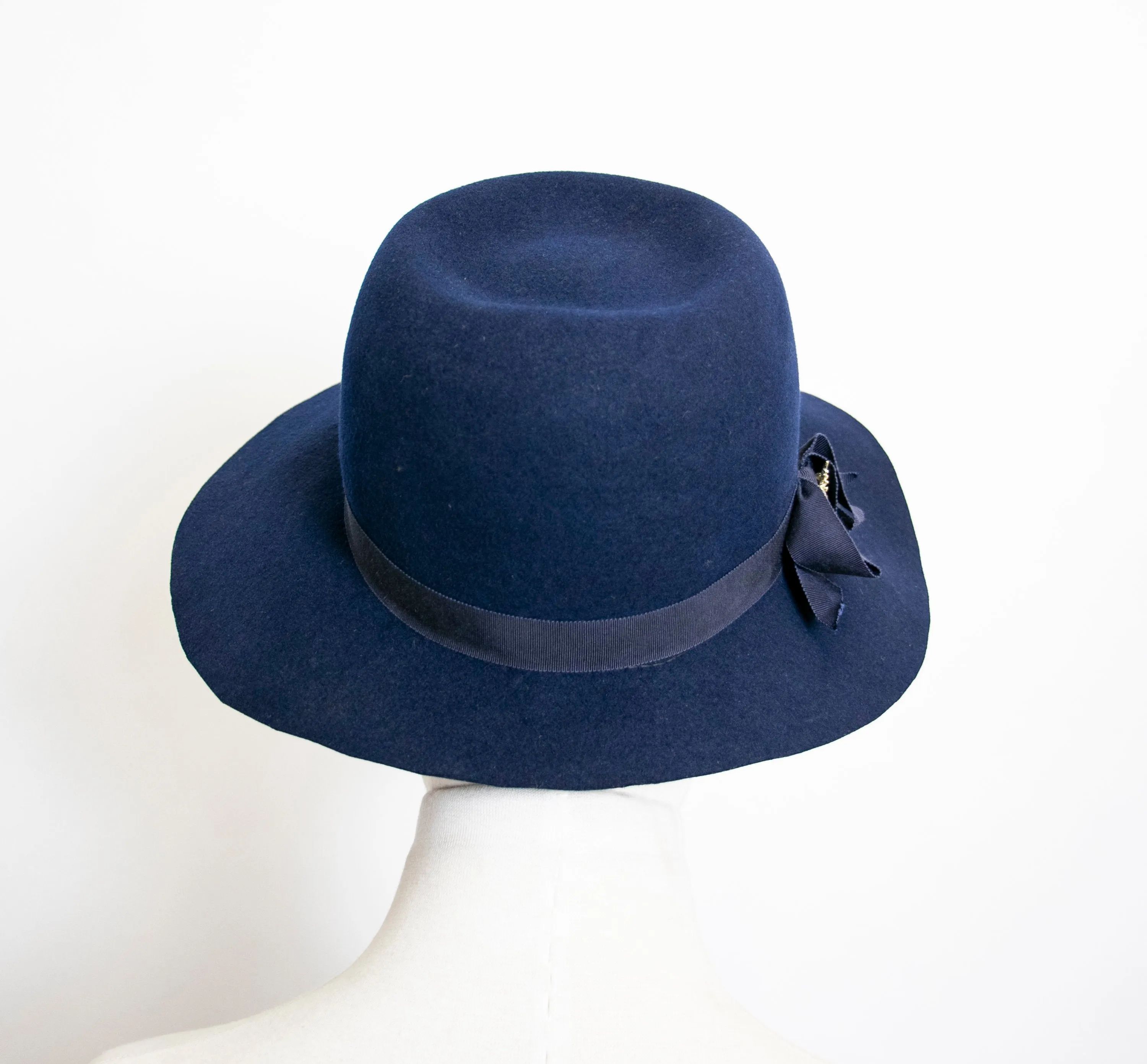 Vintage 1970s Hat Blue Wool Felted Wide Brim 1960s